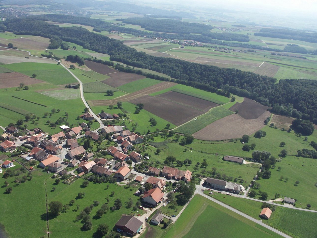 Vue aérienne du village de Moiry sur laquelle on peut observer, outre le village, la couronne de vergers, les champs et les forêts au loin