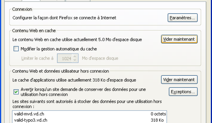 capture d'écran indiquant comment vider le cache du navigateur firefox (recommandé pour le travail en backend)