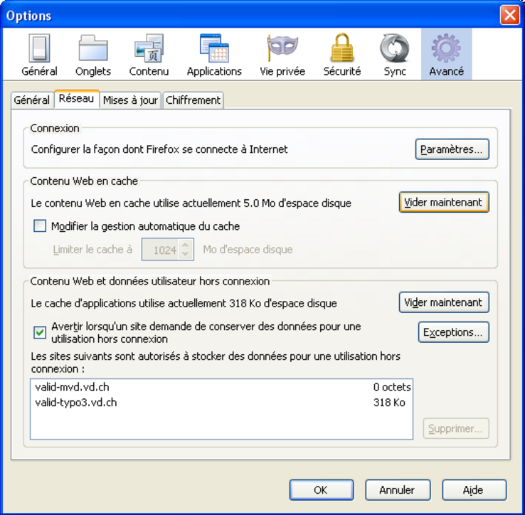 capture d'écran indiquant comment vider le cache du navigateur firefox (recommandé pour le travail en backend)