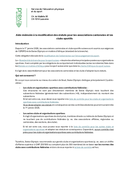 Aide-mémoire à la modification des statuts pour les associations cantonales et les clubs sportifs