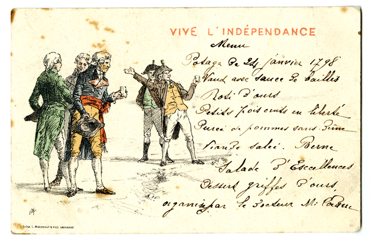 Ancienne carte postale: personnages en joie, vêtus de costumes de 1798. Avec un texte humoristique.