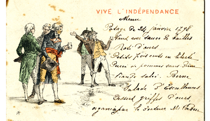 Ancienne carte postale: personnages en joie, vêtus de costumes de 1798. Avec un texte humoristique.