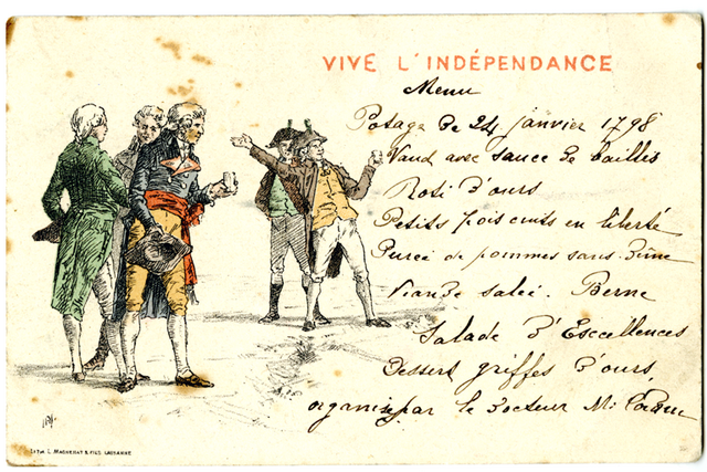 Ancienne carte postale: personnages en joie, vêtus de costumes de 1798. Avec un texte humoristique.