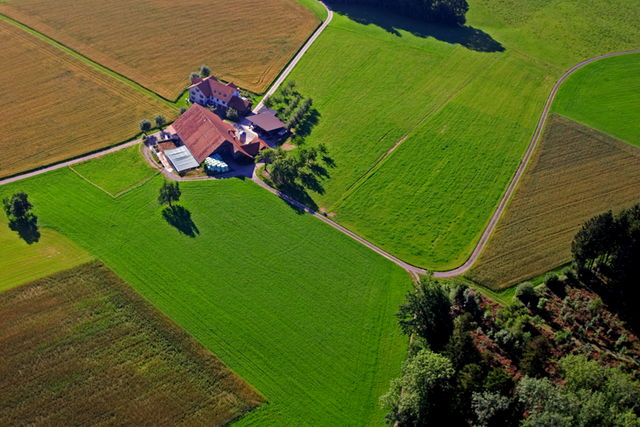 vue aérienne d'une ferme entourée de champs et d'un chemin (illustration)