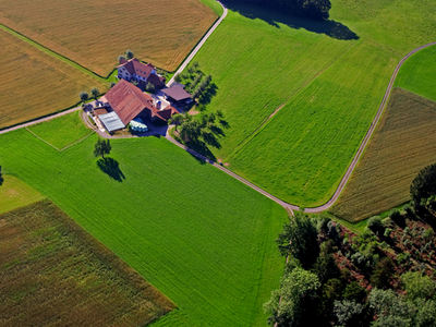 vue aérienne d'une ferme entourée de champs et d'un chemin (illustration)