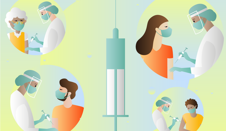 Illustration: dessin de personnes diverses se faisant vacciner