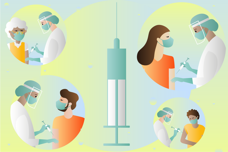 Illustration: dessin de personnes diverses se faisant vacciner
