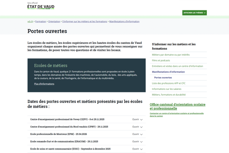 Une page rassemble toutes les informations utiles sur les portes ouvertes.