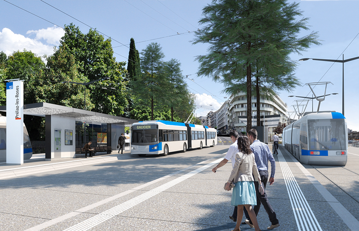 Image de synthèse: tram, bus et voyageurs représentés à la station Prélaz-les-Roses