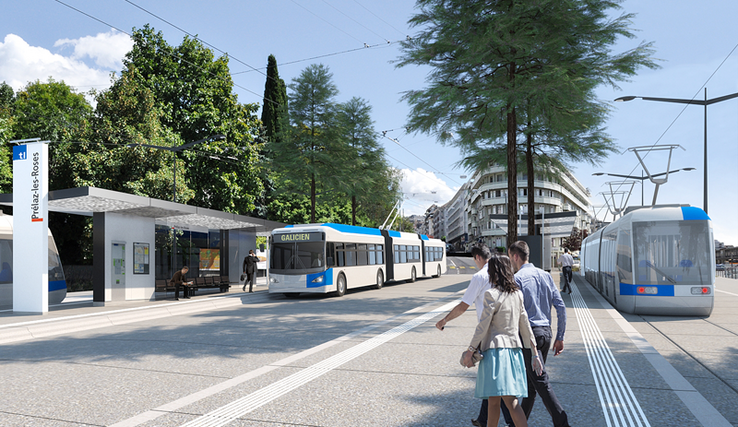 Image de synthèse: tram, bus et voyageurs représentés à la station Prélaz-les-Roses