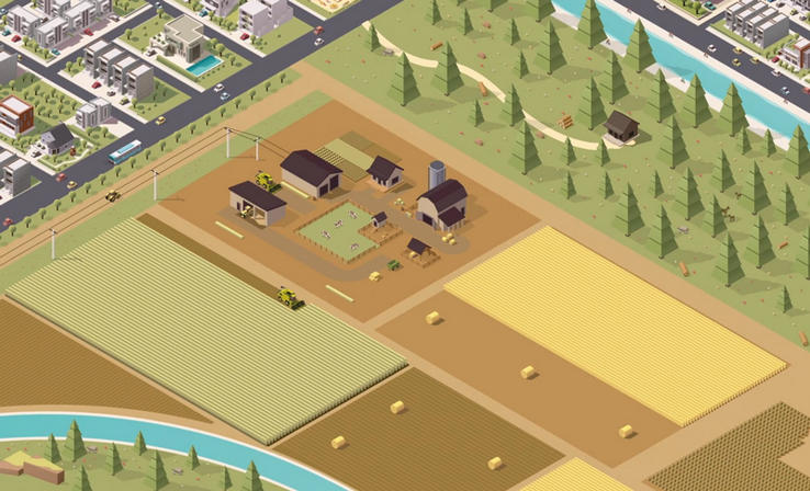 Image de synthèse extraite d'une vidéo: dessin d'une parcelle agricole avec ferme et champs, en bordure de ville