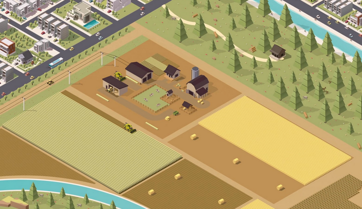Image de synthèse extraite d'une vidéo: dessin d'une parcelle agricole avec ferme et champs, en bordure de ville