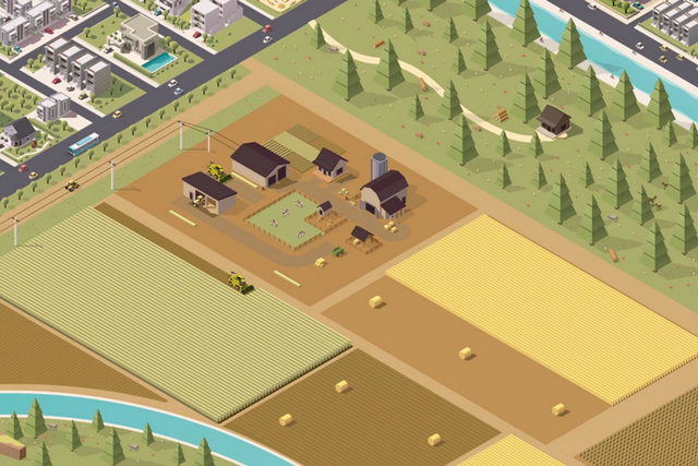 Image de synthèse extraite d'une vidéo: dessin d'une parcelle agricole avec ferme et champs, en bordure de ville