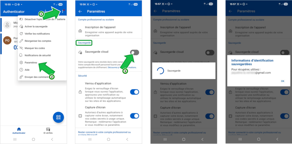 Description en image de l'importation des codes Microsoft Authenticator entre deux téléphones Android
