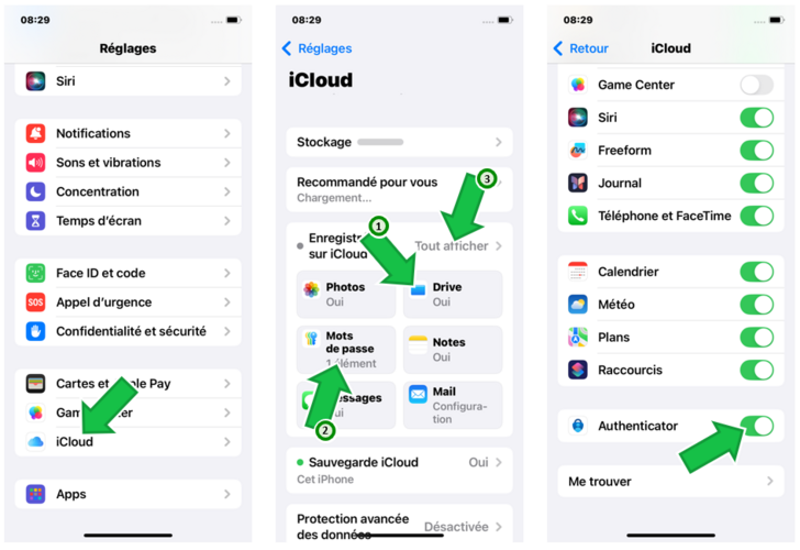 Description en images de l'importation des codes Microsoft Authenticator entre deux iPhones