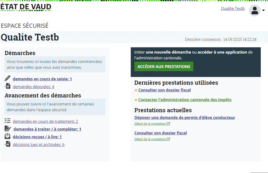 Page d'accueil de l'espace sécurisé : les différentes actions