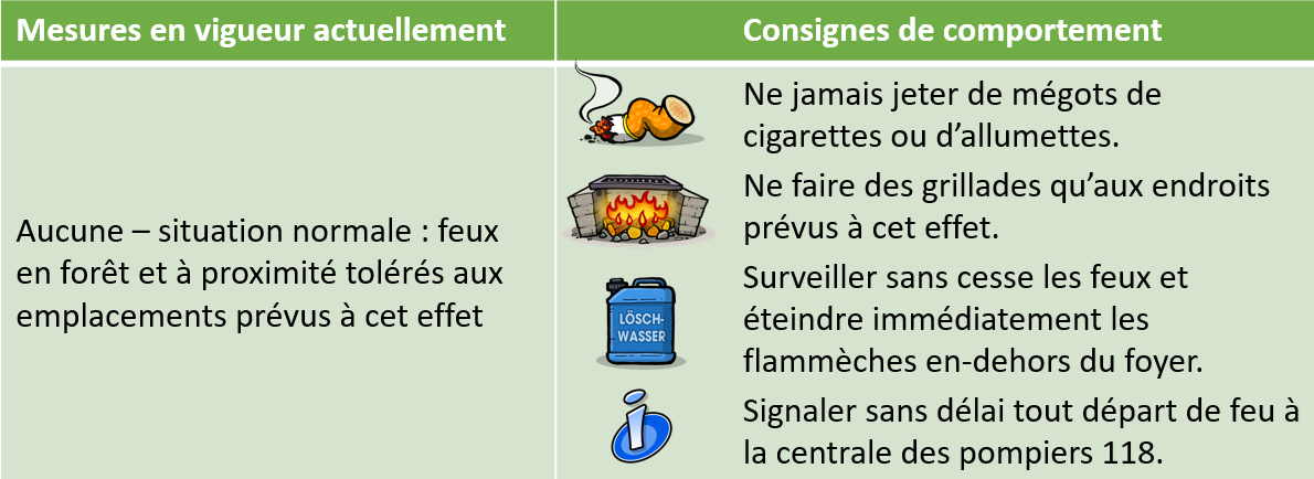 Feux en forêt et à proximité tolérés pour autant qu'il n'en résulte pas de risque pour la forêt. Appeler le 118 en cas de situation suspecte
