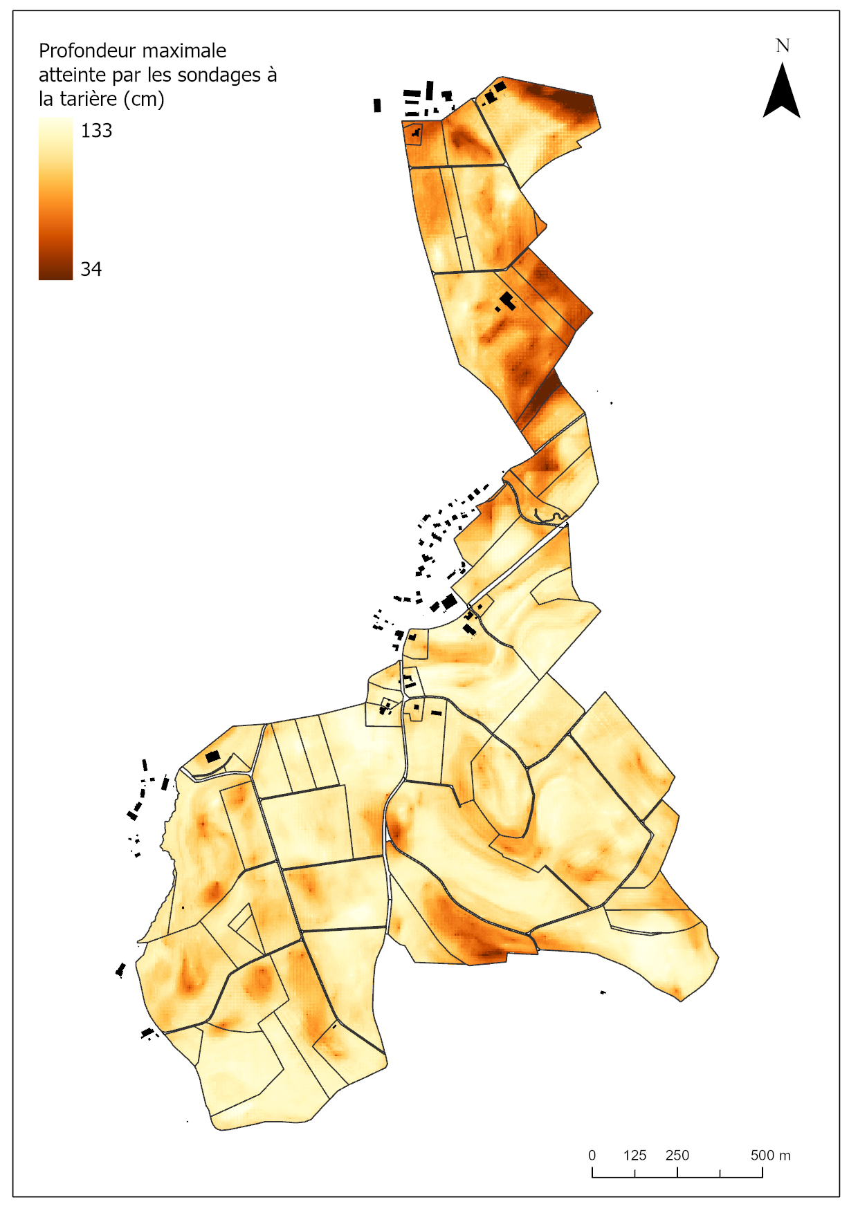 carte de la profondeur atteinte (cm) par les sondages à la tarière