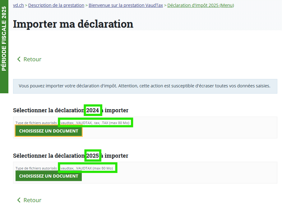 Import - sélection de la période fiscale