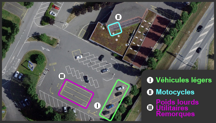 Vue aérienne des différentes zone d'attentes selon le type de véhicule