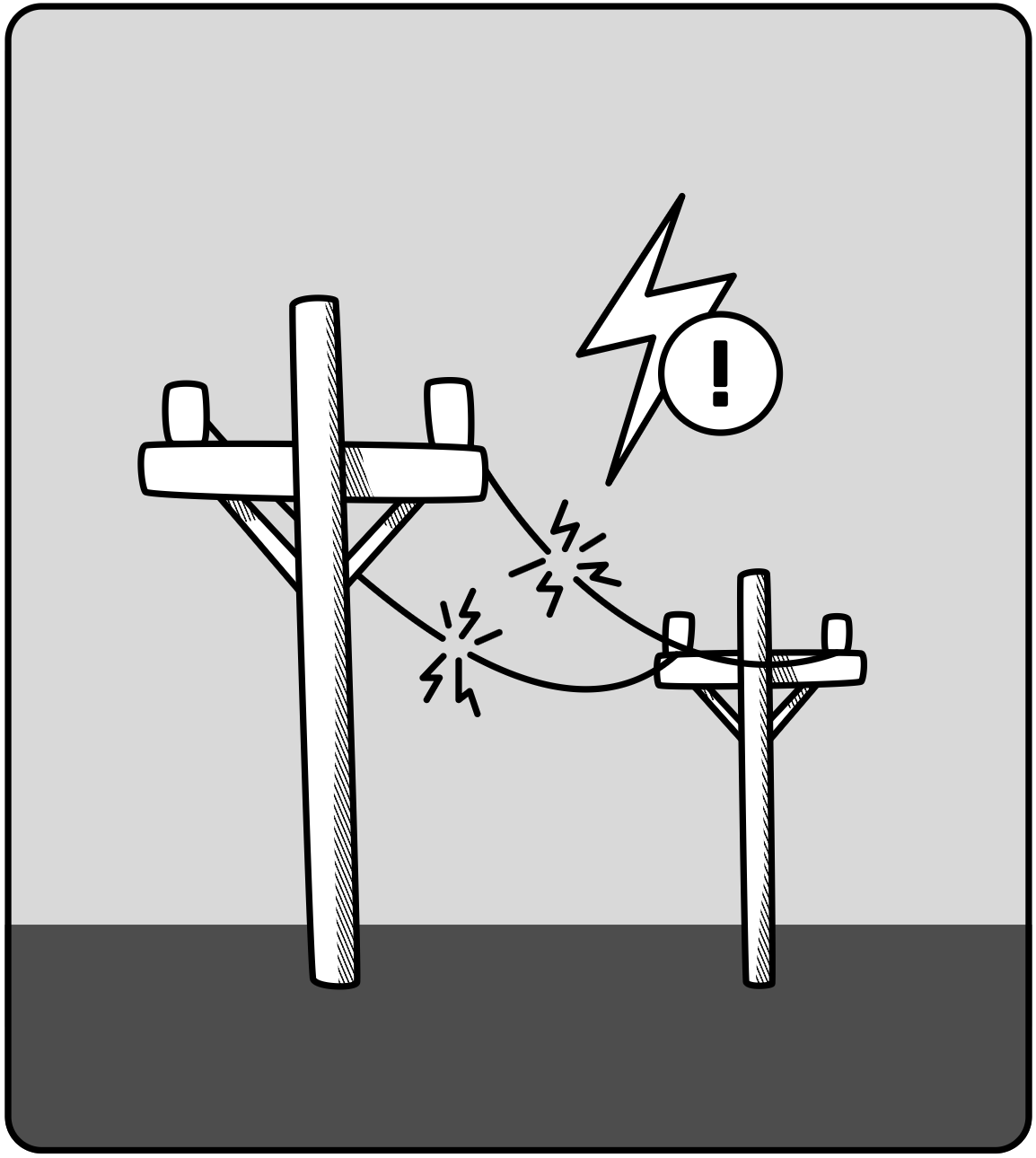 Illustration de panne d'électricité : Une ligne électrique faisant des étincelles ainsi qu'un pictogramme de problème éléctrique